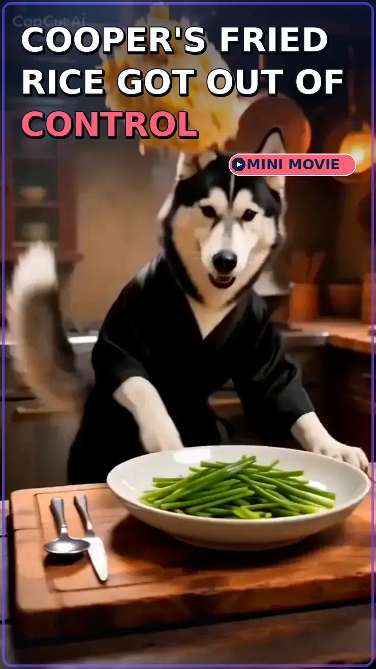Cooper dressed as a playful chef presenting a bowl of fried rice in the new mini movie